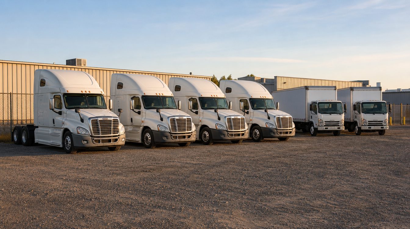 Semi tractors and box trucks lined up in a commercial fleet yard