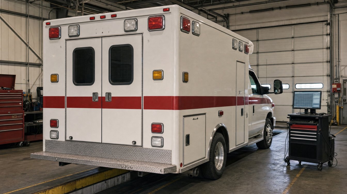 An ambulance in the service bay at Allstate Auto & Truck Repair in Jacksonville
