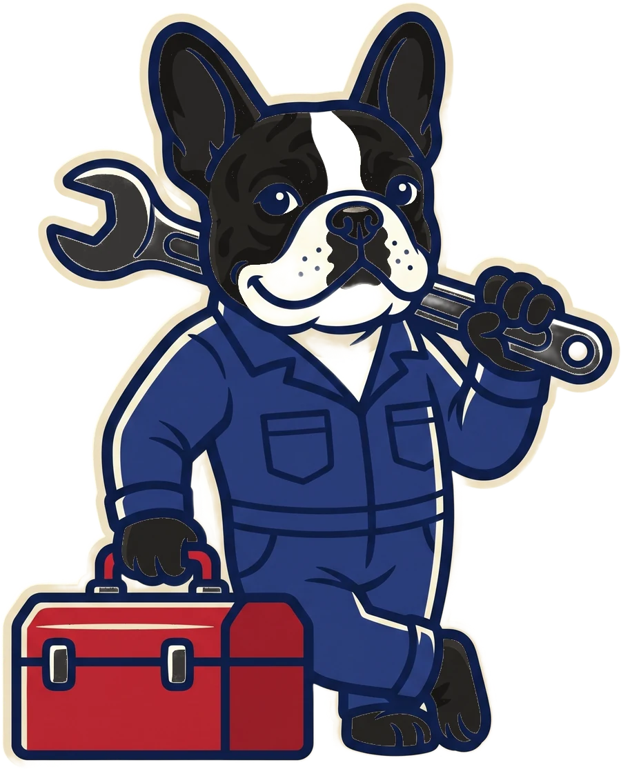 Rocky, the shop dog, in coveralls with a wrench and toolbox
